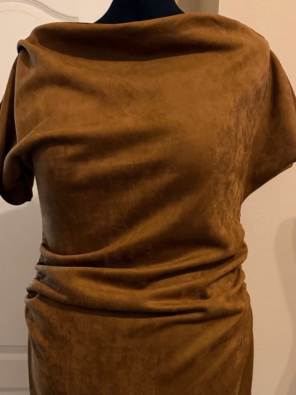 Gibson Latimer Brown Suede-Look Off the Shoulder Draped Tunic Top